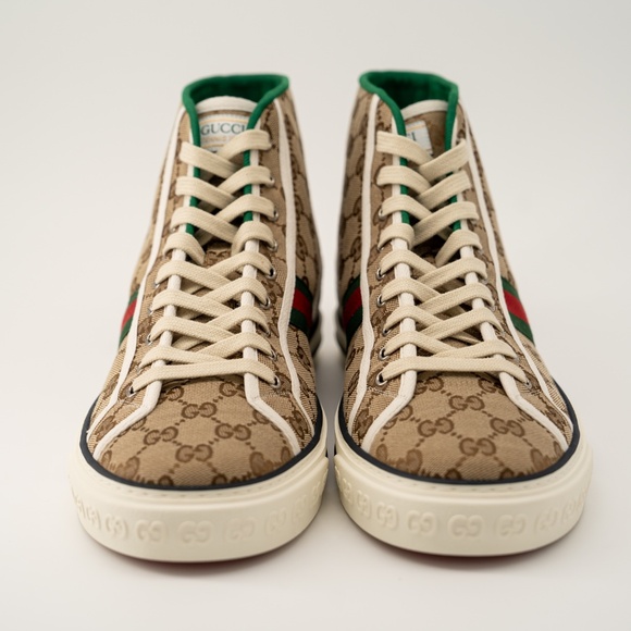 size 10.5G 11 US Gucci GG Canvas Tennis 1977 Beige Hight Top - Picture 2 of 14